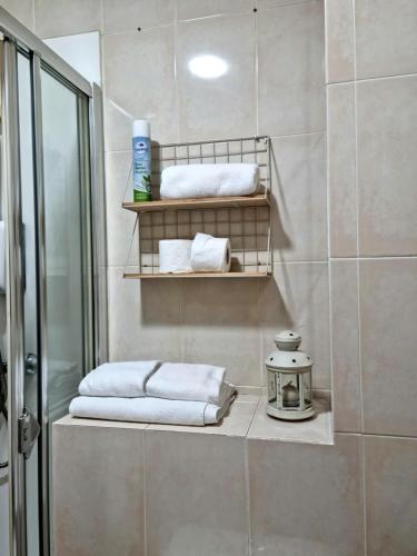 a bathroom with towels on shelves and a shower at Atico das Barxas in Moaña