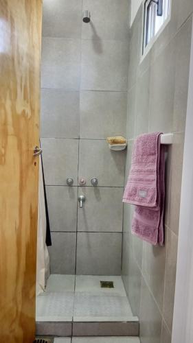 a shower with a glass door and purple towel at Mis Tres Soles in Oro Verde