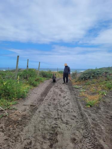 a man and a child walking down a dirt road at Casa Bosques & Mar in Pelluhue
