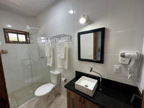 a bathroom with a toilet and a sink and a mirror at Villa Cavaliere in Palhoça