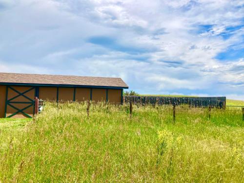 a barn in the middle of a field of tall grass at Trail Boss King EnSuite-Prairie Rose B&B - 1200 sq ft Suite in Cheyenne