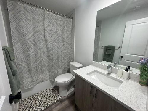 a bathroom with a toilet and a sink and a shower at Seton Villas Cozy (Lower) Suite in Calgary