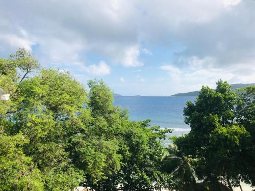 a view of a beach with trees and the ocean at Villa Des Flots in La Réunion