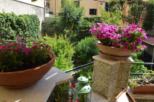 two large pots of flowers on a balcony at Villa Gini in Pisa