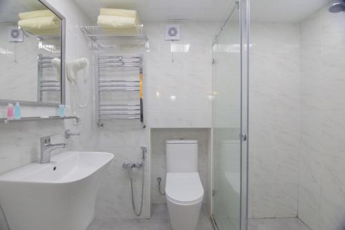 e bagno con servizi igienici, lavandino e doccia. di Nizami Central Street Hotel a Baku