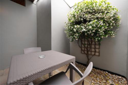a white table and chair with a plant on a wall at Admirals Lodge Guest House and Brightways self catering apartments in Port Elizabeth
