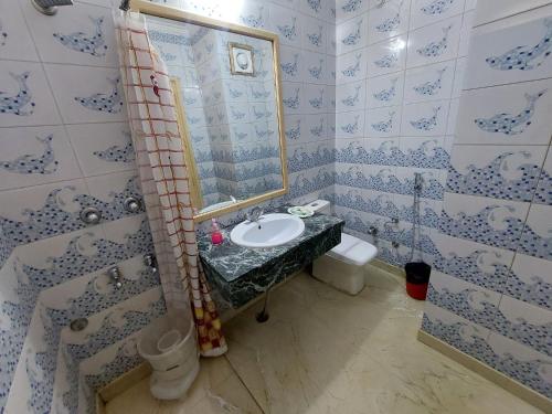 een badkamer met een wastafel en een spiegel bij Hotel Bali Resort in Katra