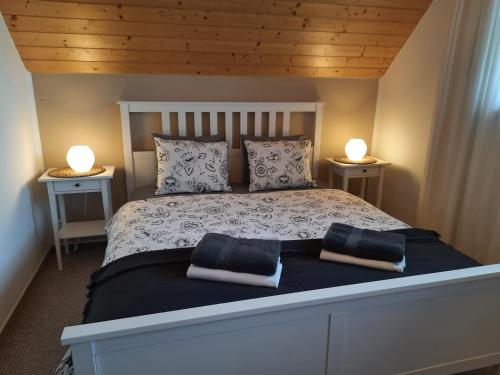a bedroom with a bed with two lamps on two tables at Chata nad lázeňským údolím in Luhačovice