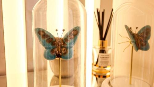a glass case with a butterfly on a stick in it at Reimi Mondo601 in Tokyo