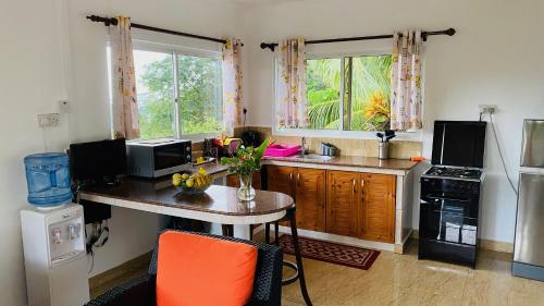a kitchen with a table and a counter top at Josies Cottage in Beau Vallon