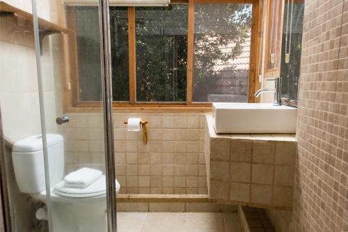 a bathroom with a toilet and a sink and a window at Vitrage Holiday Village and Spa in Bet Hillel