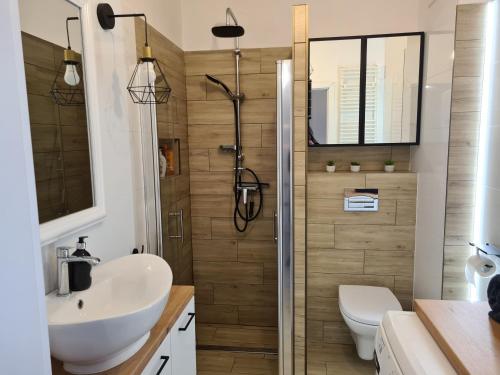 uma casa de banho com um chuveiro, um lavatório e um WC. em Apartament Bema II em Biała Podlaska