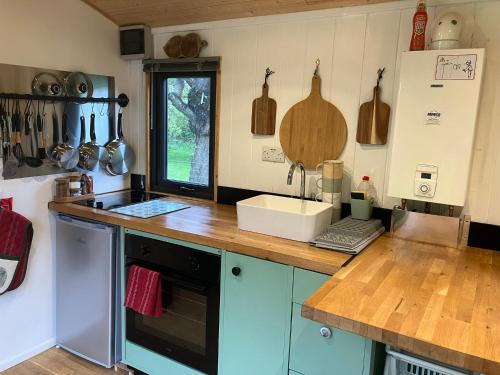 uma cozinha com um balcão e um lavatório e uma bancada em 1 Bed converted Railway Wagon near Crickhowell em Crickhowell