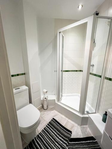 a bathroom with a toilet and a shower at 2 Double Bedroom Apartment in Edgware, London in Edgware