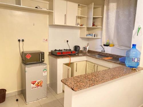 eine kleine Küche mit einem Kühlschrank und einer Theke in der Unterkunft Home Croft in Eldoret