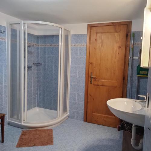 a bathroom with a shower and a sink at Al Dos in Livigno