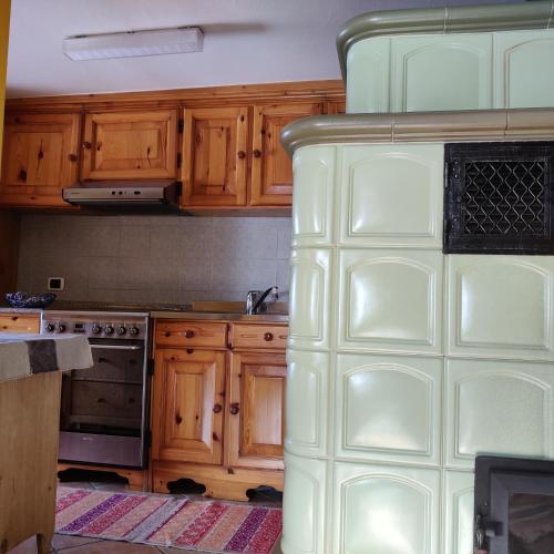 a kitchen with wooden cabinets and a stove at Al Dos in Livigno