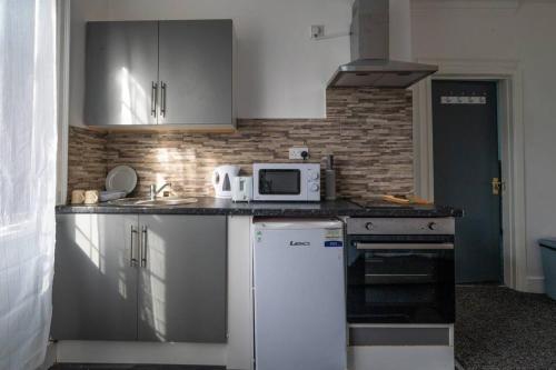 a kitchen with a white refrigerator and a microwave at Deluxe Studio: Studio Suite 10 in Parkside