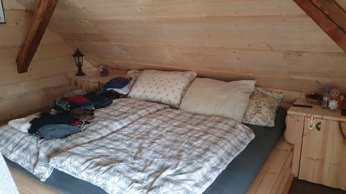 a bed in a log cabin with people laying on it at Apartments Beskydy in Prostřední Bečva