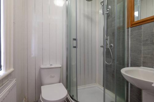 a bathroom with a shower and a toilet and a sink at City Studio: Studio Suite 2 in Parkside