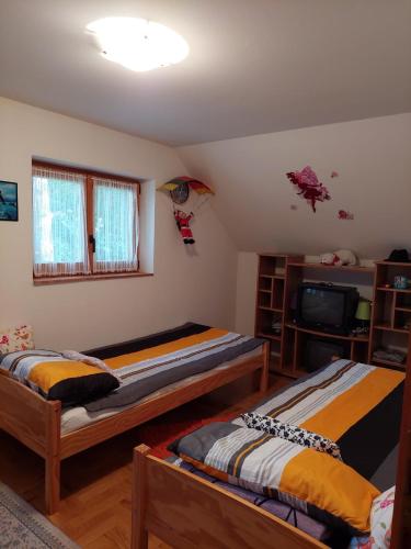 a bedroom with two beds and a tv at Misevici vikendica in Sarajevo