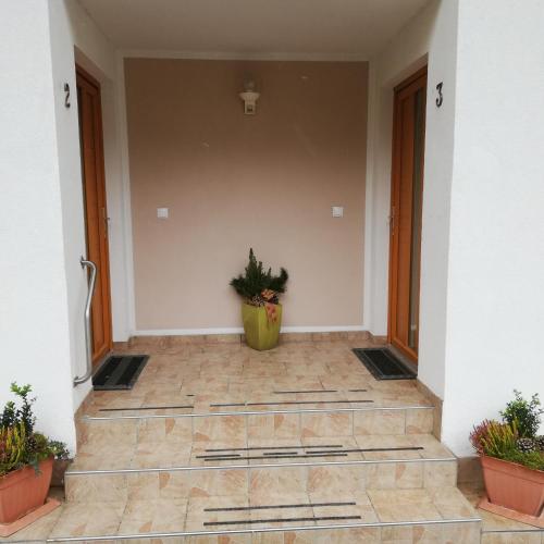 a hallway with a potted plant on the floor at Tirol Apart Barbara in Pfunds