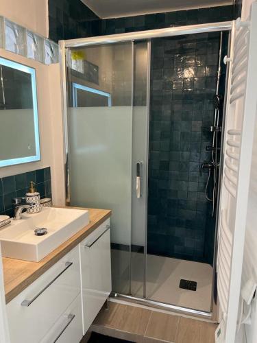 une salle de bain avec une douche en verre et un lavabo dans l'établissement Appartement Plage Prado avec parking, à Marseille