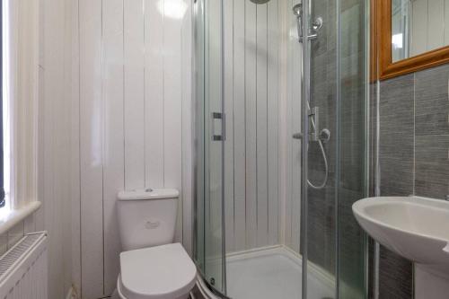 a bathroom with a shower and a toilet and a sink at Parkview Studio: Studio Suite 9 in Parkside