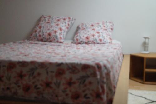- une chambre avec un lit doté d'une couverture et d'oreillers fleuris dans l'établissement Repos en campagne, à Pexiora