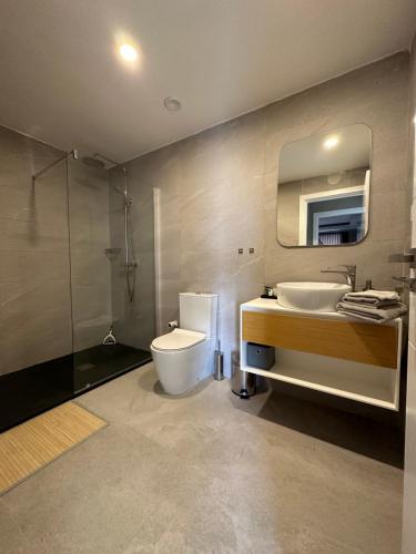 a bathroom with a toilet and a sink and a mirror at Far Out Apartments - Kololi Sands in Sere Kunda