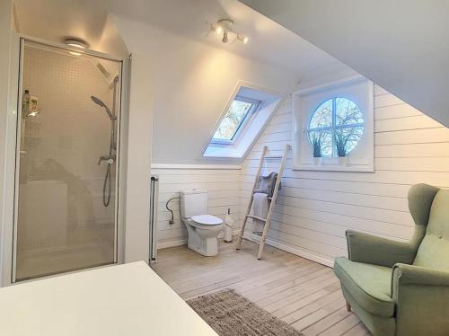 uma pequena casa de banho com WC e chuveiro em Cottage en bordure bruxelloise em Wezembeek-Oppem