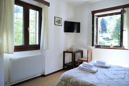 a bedroom with a bed and a window and a television at Hotel Al Verde in Mandello del Lario