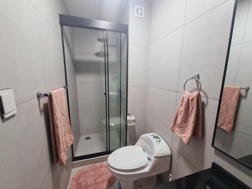 uma casa de banho com um WC e uma cabina de duche em vidro. em Sirari Palm Monoambiente Premium !!! em Santa Cruz de la Sierra