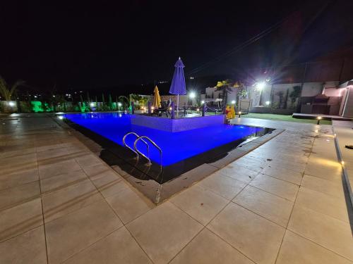 a swimming pool at night with blue illumination at Laroush Farm 