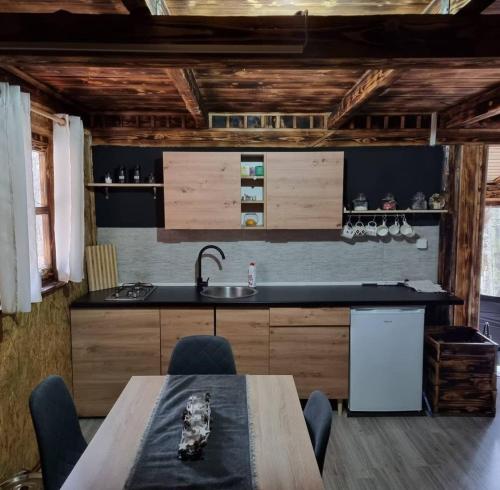 cocina con fregadero y mesa con sillas en Vikendica Kozara, en Kozarac