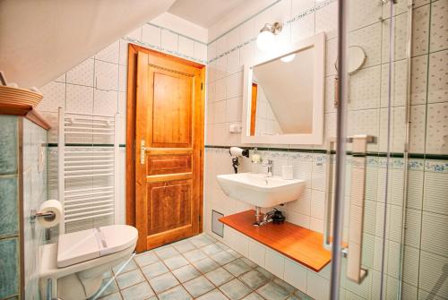 uma casa de banho com um lavatório, um WC e um espelho. em Hotel U Pekaře - Jítravský Dvorec em Rynoltice