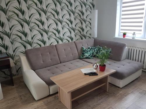 a living room with a couch and a coffee table at Apartament Angelo in Sosnowiec