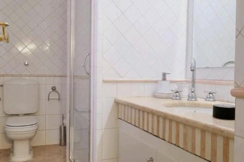 een badkamer met een toilet, een wastafel en een douche bij Appartamento Mira in Lucca