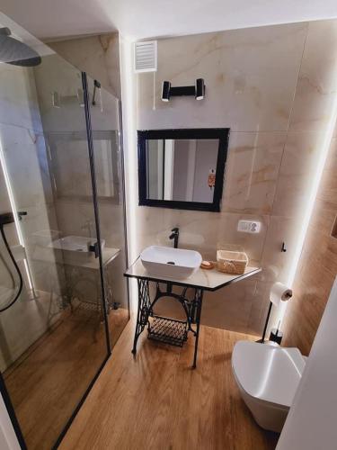 a bathroom with a sink and a toilet and a shower at Ranczo Popowice in Pątnów