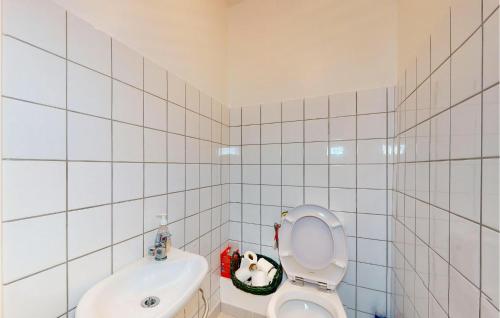 ein weiß gefliestes Bad mit einem WC und einem Waschbecken in der Unterkunft Nice Apartment In Trouvans With Kitchenette 