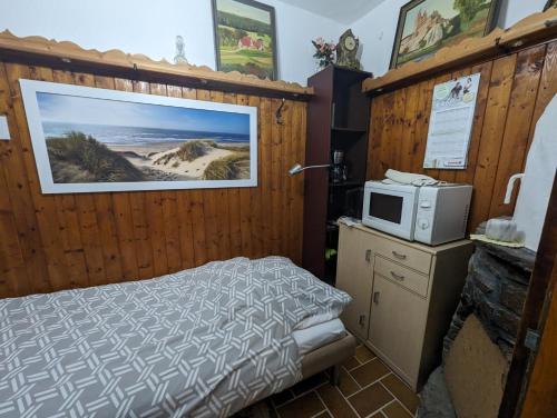 ein kleines Schlafzimmer mit einem Bett und einer Mikrowelle in der Unterkunft Keltenpfad-Taunus Naturnah 