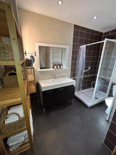 un baño con lavabo y ducha en VILLA NATURA 3 chambres 80m2 jacuzzy, en Canet-en-Roussillon