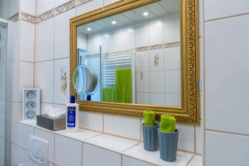 a bathroom with a mirror and two vases with moss at Ferienvilla Koblenz in Koblenz