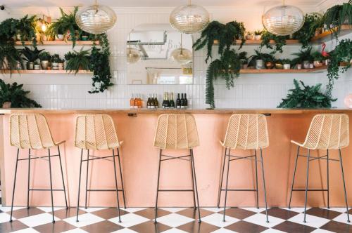 un bar con taburetes en una cocina con plantas en The June Motel, en Picton