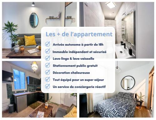 Confort & modernité au centre de Tarbes في تارْب: مجموعة من الصور لغرفة معيشة وحمام