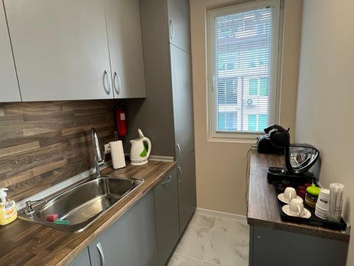 eine Küche mit Spüle und Arbeitsplatte in der Unterkunft Апартамент Комфорт 2 Близо до Летището in Sofia