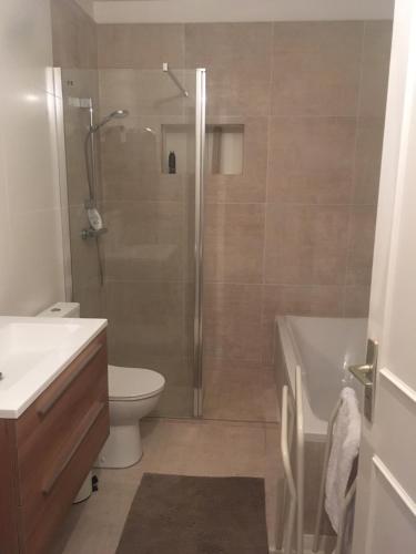 une salle de bain avec une douche, des toilettes et un lavabo dans l'établissement VILLA 4* avec PISCINE dans le bas du village de BORMES les MIMOSAS, à Bormes-les-Mimosas