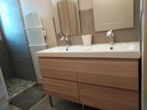 une salle de bain avec un lavabo et un réfrigérateur dans l'établissement Appartement confortable centre ville, à LʼIsle-sur-la-Sorgue