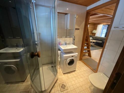 a bathroom with a sink and a washing machine at Rukan Rinnetie 11B in Ruka