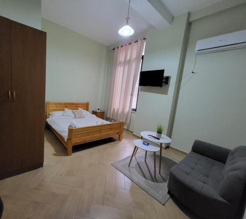 a bedroom with a bed and a couch and a tv at Agroni Rooms-21 in Tirana